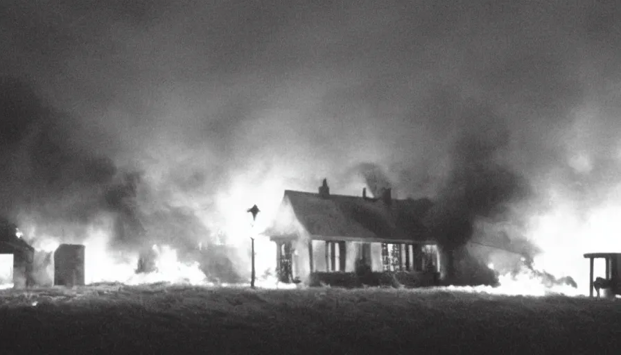 Prompt: 1 9 7 0 s movie still of a heavy burning french style little house by night in autumn, in a small northern french village, by sony mini dv camera, heavy grain, low quality, high detail, dramatic light, anamorphic, flares