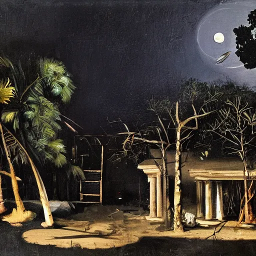 Image similar to Moonlit ruins of a shopping mall in the jungle, oil painting by Caravaggio