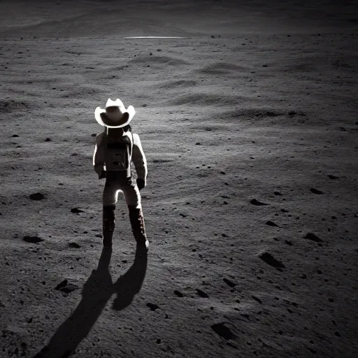 Image similar to cowboy on the moon, standing pose, planet earth background, photorealistic, octane render, blender render, unreal engine, 3 5 mm