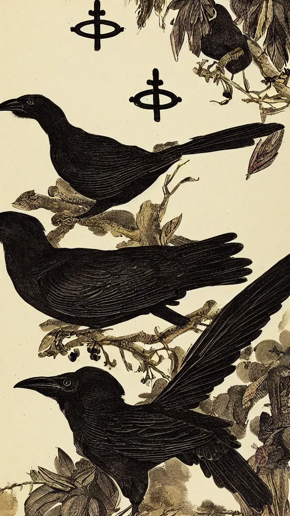 Prompt: a crow with occult symbols surrounding it, illustration by john james audubon circa 1 8 3 8