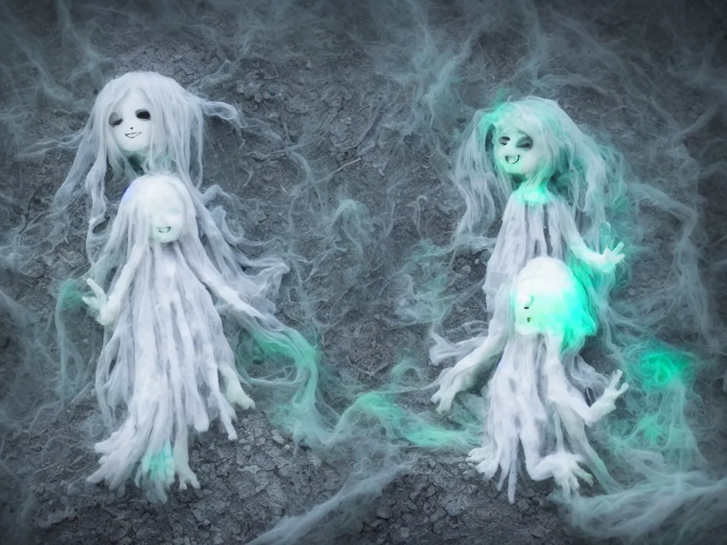 Image similar to cute fumo plush smiling ectoplasmic jellyfish ghost girl lingering in a mysterious concrete organic ruin, patchwork doll chibi gothic maiden in tattered melting rags, glowing wisps of hazy green smoke and eerie blue volumetric fog swirling about, moonlight, glowing lens flare, black and white, vray