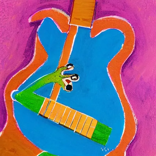 Prompt: frog playing on guitar, blue background, photorealistic