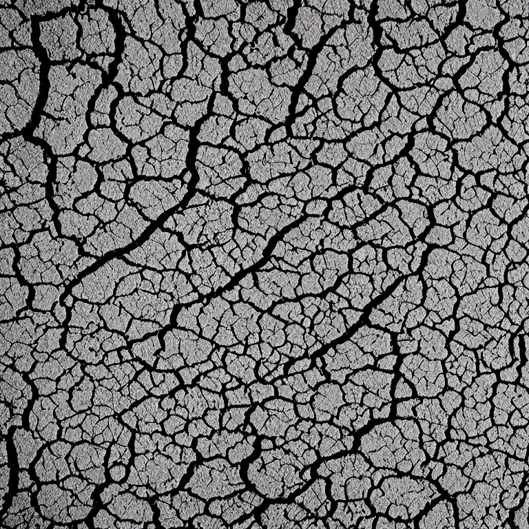 Image similar to a pen and ink line - art drawing of a dry cracked desert surface as viewed from above. black and white, hand - drawn, ink on paper.