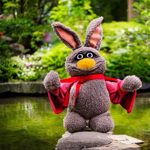 Prompt: a fluffy brown velveteen karate loving muppet with bunny ears and wearing a dark ninja robe with a red belt and practicing her karate out in nature by a koi pond, photorealistic, photography, ambient occlusion, rtx, national geographic, sesame street