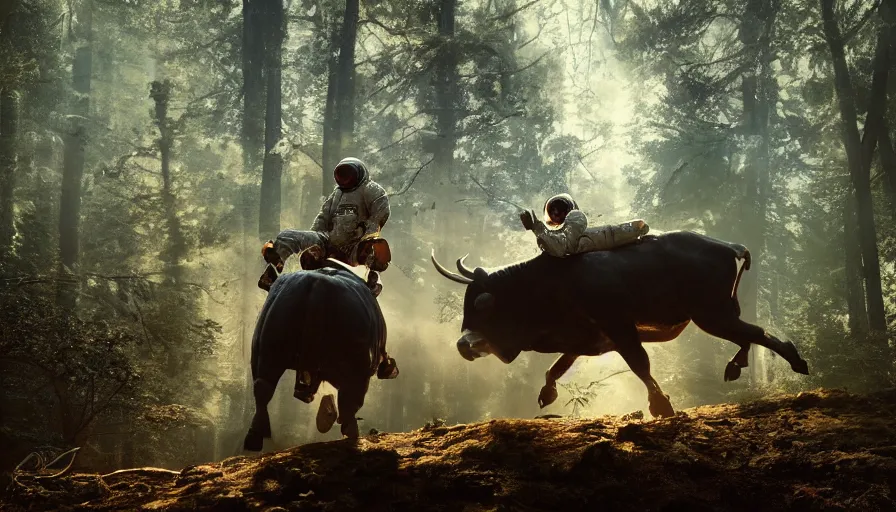 Image similar to american astronaut in the forest riding a bull, objects well lit, plants environment, wide angle, cinematic lighting, atmospheric, realistic, octane render, highly detailed, color graded, in the style of craig mullins