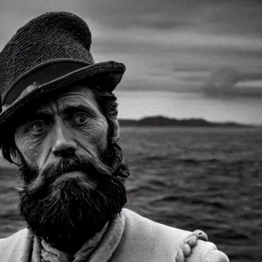 Prompt: Willem Dafoe with a beard in The Lighthouse (2019), high contrast, black and white cinematography