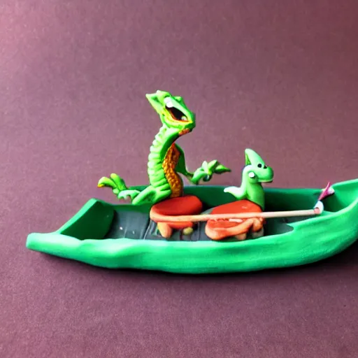 Image similar to polymer clay dragons in a canoe, eating pizza, claymation