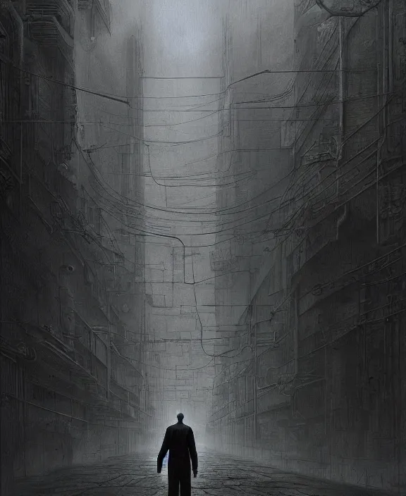 Image similar to a mechanical man in a lab coat standing ominously on a dark and lonely street, by HR Giger and Beksiński and Stephan Martiniere , 4k resolution, detailed, trending on artstation