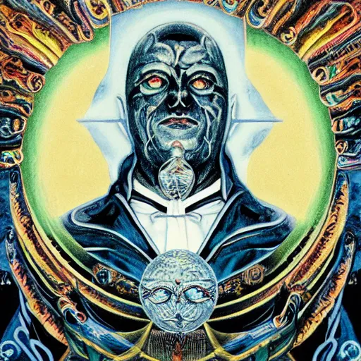 Prompt: a highly detailed occult painting of Aleister Crowley pointing up, cenobyte, hexglow, contracept, wildcards, denizens, matte painting, glowing eyes, felipe pantone, pascal blanche, pascal blanche, mohrbacher, blanche, and across the face portrait, big daddy ross painting, wide shot, an expansive view of the sun, intricate details, epic, dramatic, cinematic lighting, hyperrealistic, skeletal, elaborate, furniture, dreamy, machine, robot, cardboard, dark, inception, cinematic lighting, surrealism style, muted colors, soft tones, pastel colors, ornate in the dnd art style on album cover, unreal