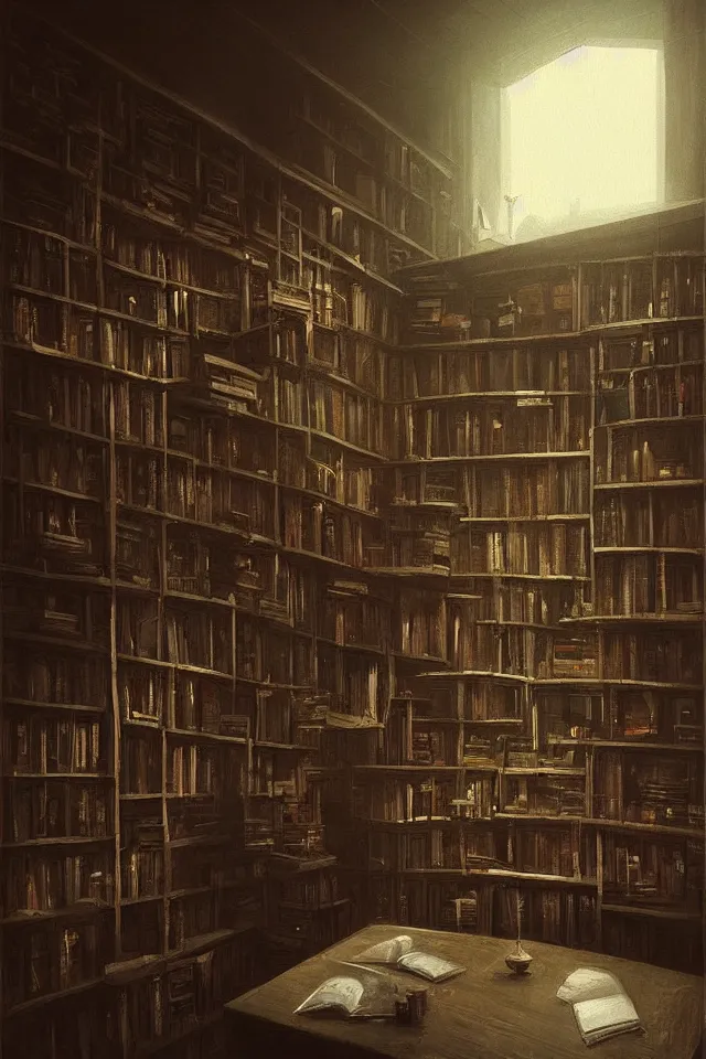 Image similar to “a painting of a dark room with bookshelves and a table, a detailed matte painting by Artem Demura, artstation hq, matte painting, volumetric lighting”