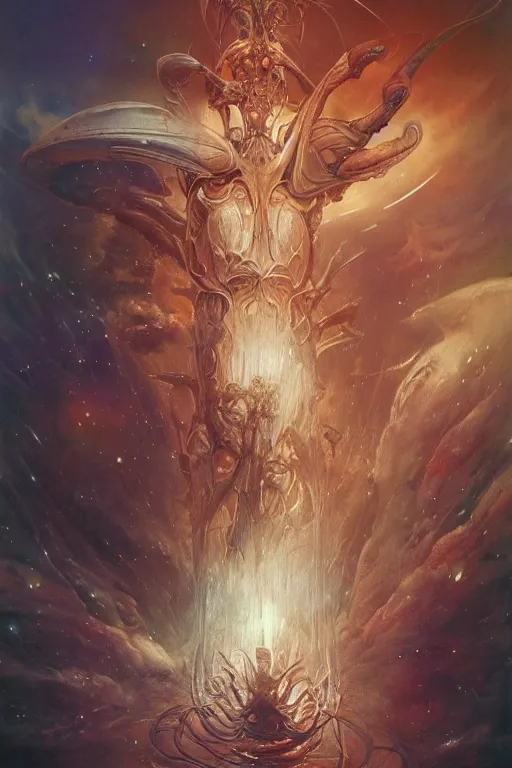 Prompt: now is the time to relaunch the dream weapon, by artgerm and yoshitaka amano and moebius and hr giger and zdislaw beksinski, hyperdetailed, surreal, dc comics, ornate, stunning, nebula, explosions in the sky, trending on artstation