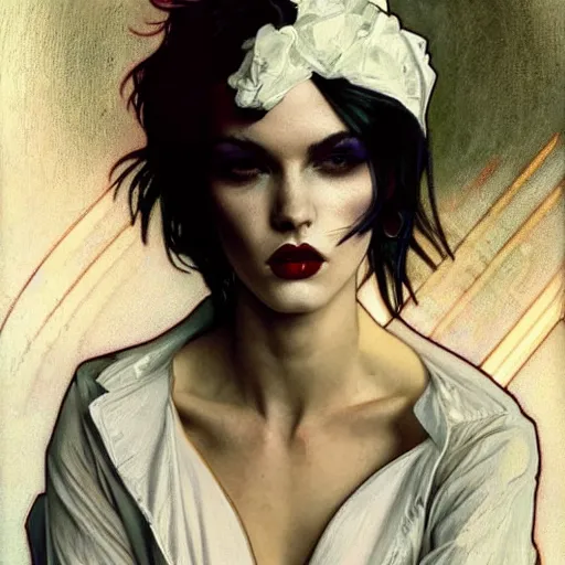Prompt: beautiful portrait of androgynous ruby rose as desire from sandman in a white tuxedo!!!, rockabilly style, by alphonse mucha, cedric peyravernay, by jeremy mann, by frank moth, white suit and black tie, smoking cigarette, soft lightning, high detailed, 8 k