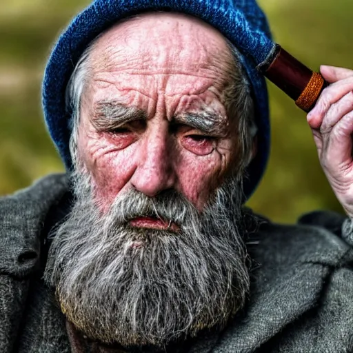 Prompt: close-up of a sad tired old man with a pipe, XF IQ4, 150MP, 50mm, f/1.4, ISO 200, 1/160s, natural light, Adobe Photoshop, Adobe Lightroom, DxO Photolab, Corel PaintShop Pro, rule of thirds, symmetrical balance, depth layering, polarizing filter, Sense of Depth, AI enhanced