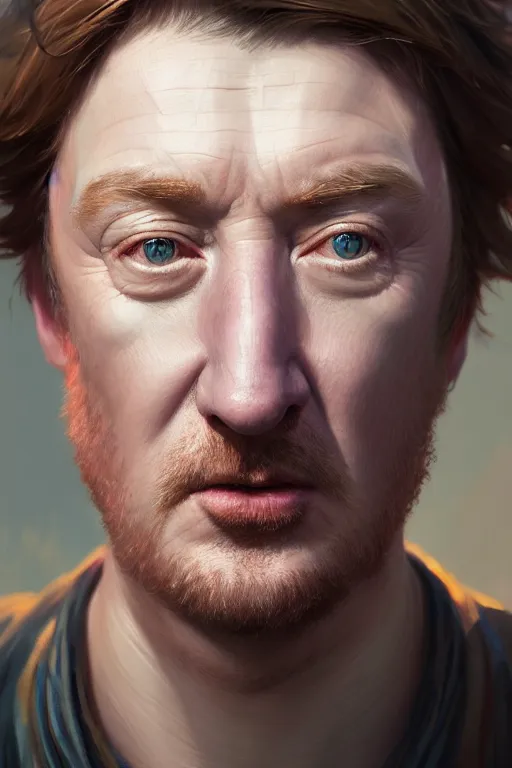 Image similar to ultra detailed close up facial portrait of rhys darby, extremely detailed digital painting, in the style of fenghua zhong and ruan jia and jeremy lipking and peter mohrbacher, mystical colors, rim light, beautiful lighting, 8 k, stunning scene, raytracing, octane, trending on artstation