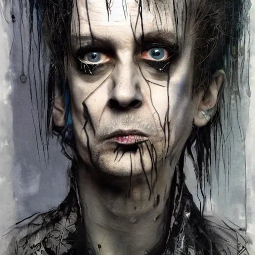 Prompt: stunning portrait of gaunt blixa bargeld a ( the cure fan ) as dream from sandman, dim stars as eyes, by jeremy mann, by cedric peyravernay, by by russ mills, by richard avedon and ben templesmith, dramatic lightning, sadness, dark eye sockets, in the shadows, punk rock, gothic, high detailed, 8 k