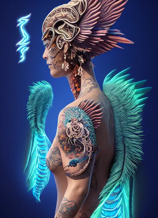 Image similar to 3 d goddess with tattoos profile portrait, sigma 5 0 0 mm f / 5. beautiful intricate highly detailed quetzalcoatl skull and feathers. bioluminescent, plasma, lava, ice, water, wind, creature, thunderstorm! artwork by tooth wu and wlop and beeple and greg rutkowski, 8 k trending on artstation,