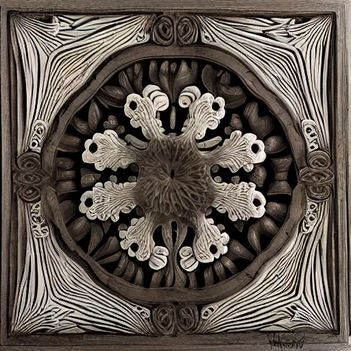 Image similar to fractals, maze, thin lines, high detail, ernst haeckel, carved soapstone relief paneling white and pale blue