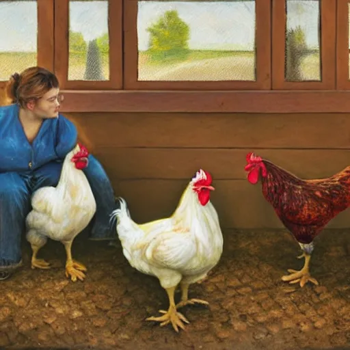 Image similar to chickens putting human beings in coops, oil painting, hyper realistic