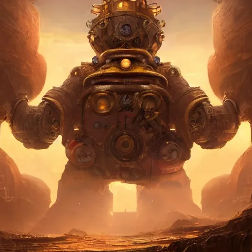 Prompt: a Steam powered mechanical golem in golden plate armoring, forward facing angle, concept art, character design, stunning 3d render , art by Tooth Wu and justin gerard and Blizzard studios, 8k octane beautifully detailed render, post-processing, extremely hyperdetailed, intricate complexity, epic composition, grim yet sparkling atmosphere, masterpiece, trending on artstation