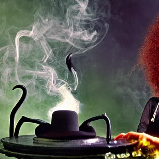 Prompt: black cat, teen witch mixing a spell in a cauldron, wispy smoke, witch hat, studio photography, green glowing smoke is coming out of the cauldron, ingredients on the table, apothecary shelves in the background, still from a nickelodeon show