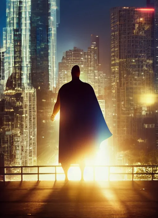 Image similar to a 3 5 mm photo from the back of a superhero wearing a cape standing in front of a city, splash art, movie still, bokeh, canon 5 0 mm, cinematic lighting, dramatic, film, photography, golden hour, depth of field, award - winning, anamorphic lens flare, 8 k, hyper detailed, 3 5 mm film grain