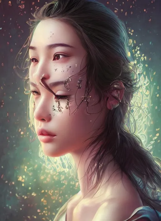 Image similar to beautiful, young eurasian woman, extremely detailed gorgeous face, looks realistic, hyper-detailed portrait, sad eyes tears, vaporwave aesthetic, synthwave, magical, fantasy, flowers, artist Artgerm and Greg Rutkowski and WLOP