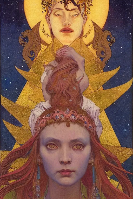 Image similar to queen of the moon with stars in her hair, by nicholas roerich and annie swynnerton and donato giancola and dulac, dramatic lighting, god rays, geometric tattoos, rich colors, smooth sharp focus, extremely detailed, leo and diane dillon, adolf wolfli