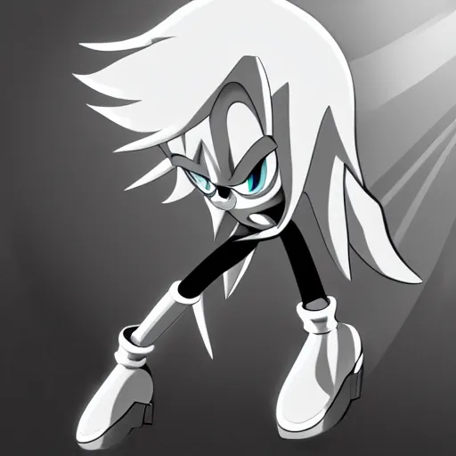 Prompt: a tall, monochrome gray sonic with tv static in his eyes looking directly at the camera from a distance