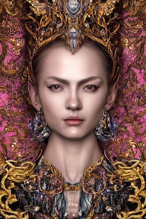 Image similar to hyper-realistic ultra-detailed maximalist and dramatic elegant luxury beautiful young empress portrait by igor goryunov and patricio clarey inspired by andrei riabovitchev and heidi taillefer Rendered by binx.ly 8k. Generative art. Fantastic realism. Scifi feel. Extremely Ornated. Intricate and omnious. Tools used: Blender Cinema4d Houdini3d zbrush. Unreal engine 5 Cinematic. Beautifully lit. No background. artstation. Deviantart. CGsociety.