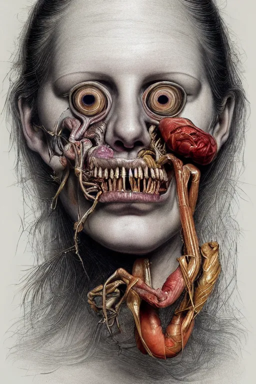 Image similar to Detailed maximalist portrait of a greek god with large lips and eyes, scared expression, botanical anatomy, skeletal with extra fleshy limbs, HD mixed media, 3D collage, highly detailed and intricate, surreal illustration in the style of Jenny Saville, dark art, baroque, centred in image