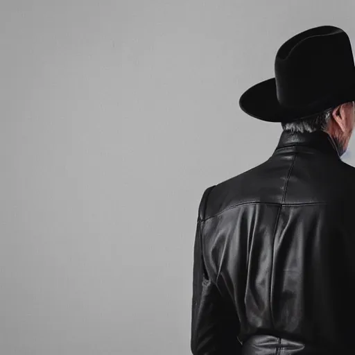 Image similar to a gentleman wearing a black leather hat, cinematic style, front view