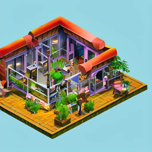 Prompt: isometric cute cartoon of utopian cafe building cross section, a few cannabis leaf pots. by benoit mandelbrot, render pixar, low poly digital art artstation sims video game still australian