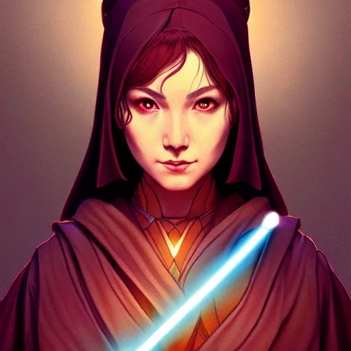 Image similar to one female jedi master, wearing the traditional jedi robe, beautiful and uniquely odd looking, detailed symmetrical close up portrait, intricate complexity, in the style of artgerm and ilya kuvshinov, magic the gathering, star wars art