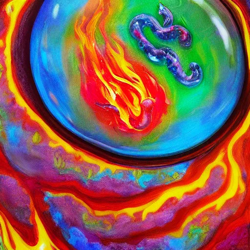 Image similar to soap bubble covered in fire flames, centered, symmetrica, oil paintingl