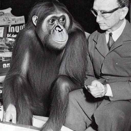 Image similar to 8 k, uhd, historical photos circa 1 9 4 7, smart orang utan professor meet richard feyman