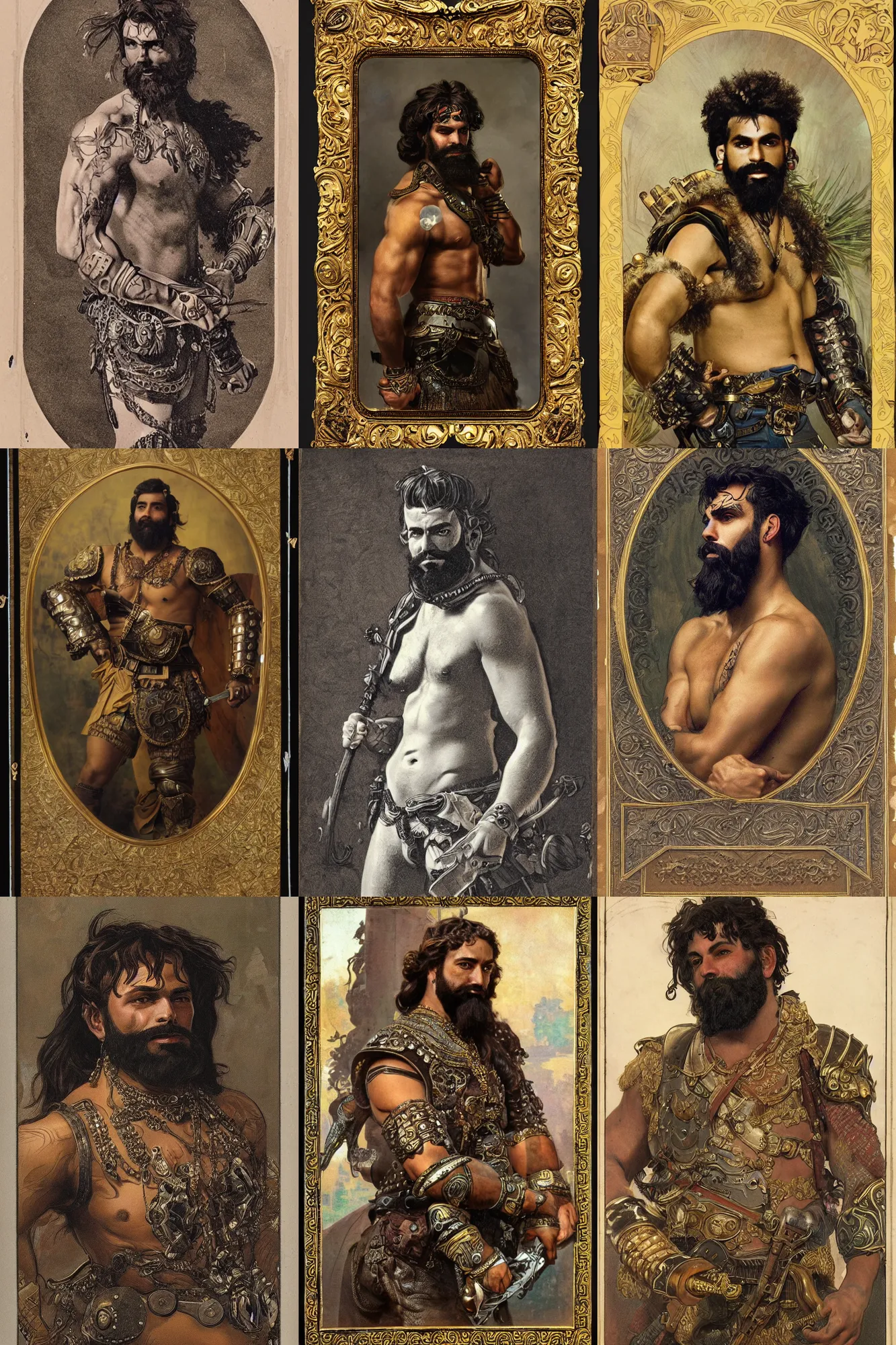 Prompt: portrait of a young rugged young man, thick black beard, big muscles, intricate bronze armour decorated with with gems. cinematic lighting, highly detailed, full body shot. Many scars. In the style of Alphonso Mucha