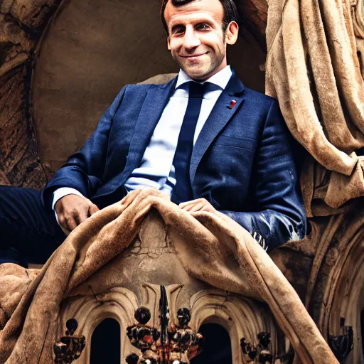 Image similar to close up portrait of emmanuel macron sitting in a tower high above the people laughing, photograph, natural light, sharp, detailed face, magazine, press, photo, steve mccurry, david lazar, canon, nikon, focus