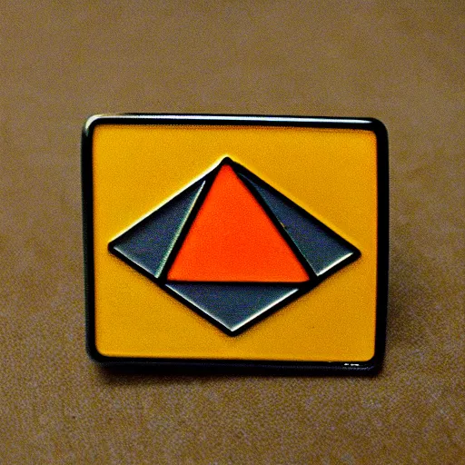 Prompt: a retro minimalistic rhombus enamel pin of a retro minimalistic clean fire warning label, smooth curves