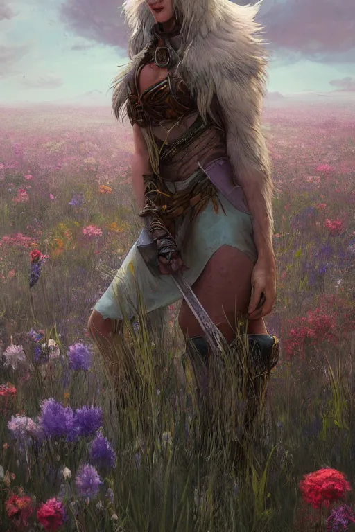 Prompt: A high fantasy wolf girl standing in the middle of the field of flowers by Eddie Mendoza face close up official media beautiful detailed high quality