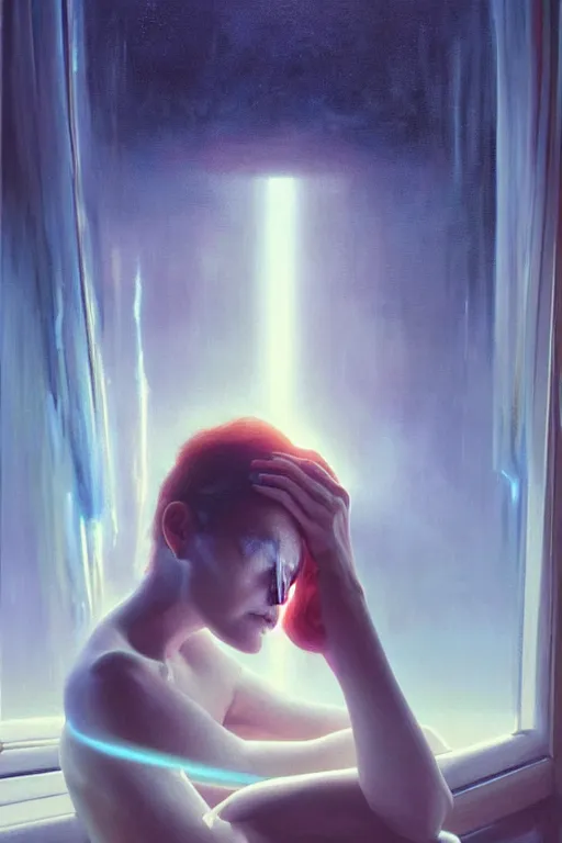 Prompt: 3 d, sci - fi, morning, old window, sun rays, sleepy fashion model face, lightning clouds, vogue cover style, morning colors mood, cinematic, realistic painting, intricate oil painting, high detail, figurative art, multiple exposure, poster art, 3 d, by stanley kubrick and tooth wu and wlop and beeple and greg rutkowski