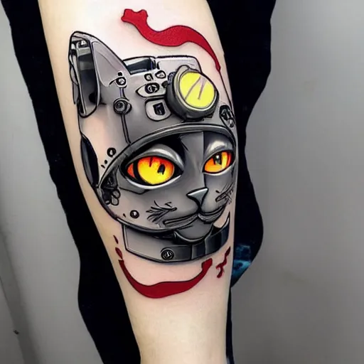 Prompt: Anime manga robot!! cat tattoo, cyborg cat, exposed wires and gears, fully robotic!! cat, manga!! in the style of Junji Ito and Naoko Takeuchi, tattoo on upper arm