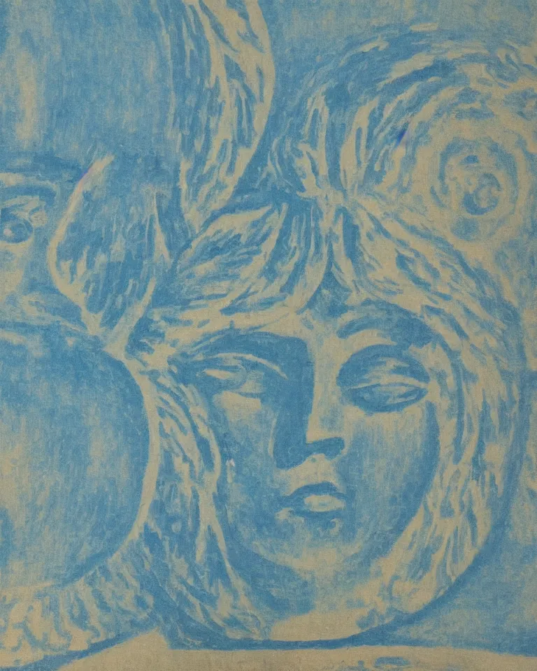 Prompt: achingly beautiful close up print of one painted ancient greek vase on baby blue background by rene magritte, monet, and turner. symmetrical, shaded.