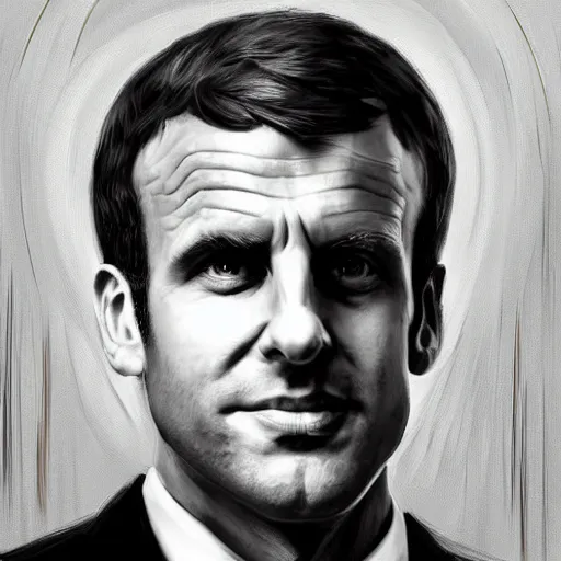 Image similar to digital art portrait of emmanuel macron with robot ears falling in the sun, 4k, sharp focus, Andreas Rocha