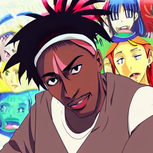 Image similar to Tupac Shakur, screenshot from a 2009s anime, anime style,