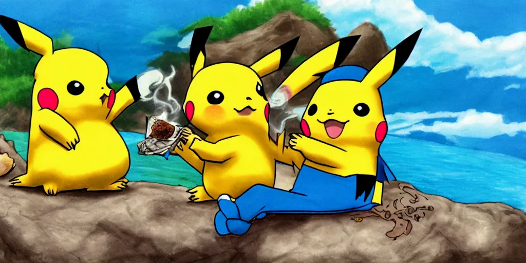 Image similar to ! dream pikachu smoking a fat blunt with ash sitting on a rock next to a river, bright blue sky colorful detailed drawing