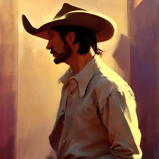 Image similar to greg manchess painting of a sad cowboy, medium shot, asymmetrical, profile picture, organic painting, sunny day, matte painting, bold shapes, hard edges, street art, trending on artstation, by huang guangjian and gil elvgren and sachin teng
