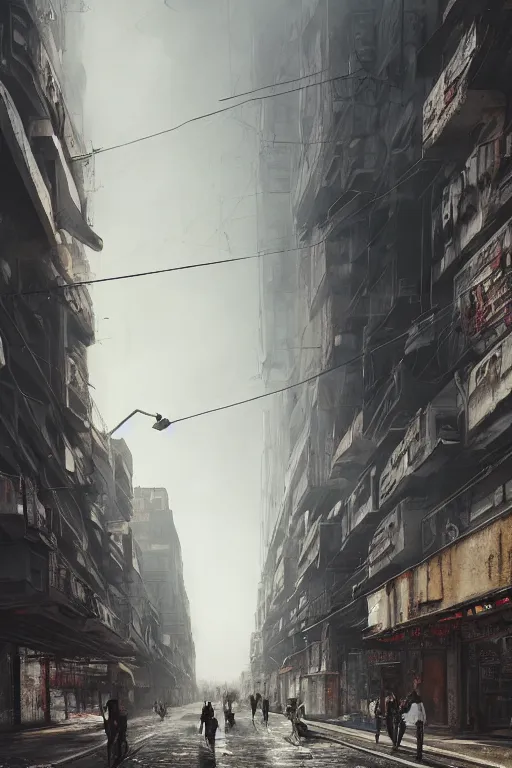 Prompt: hyperrealistic matte painting of a desolate city street, lone travelers walking under massive buildings that reach the sky, intricate detail, long street, glass buildings, vr, cables, fog, graffiti, cyberpunk ads, piping, 8 k resolution, technological, endless street, by hugh ferris, cyberpunk style, smooth, octane, concept art, trending on artstation