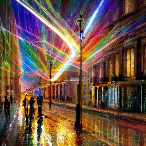 Prompt: a new artistic style that is a mix of impressionism and surrealism uses wires and light beams to portray a london street.