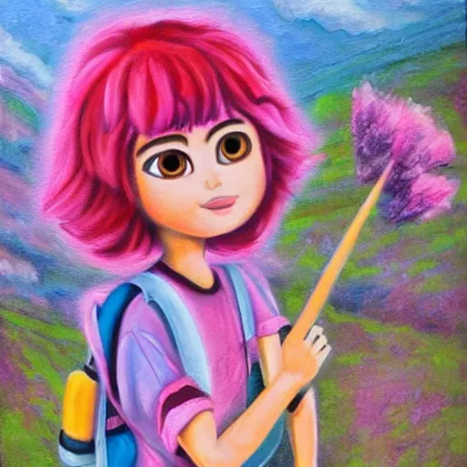 Image similar to a cross between ramona flowers and dora the explorer as a highly detailed oil paiting