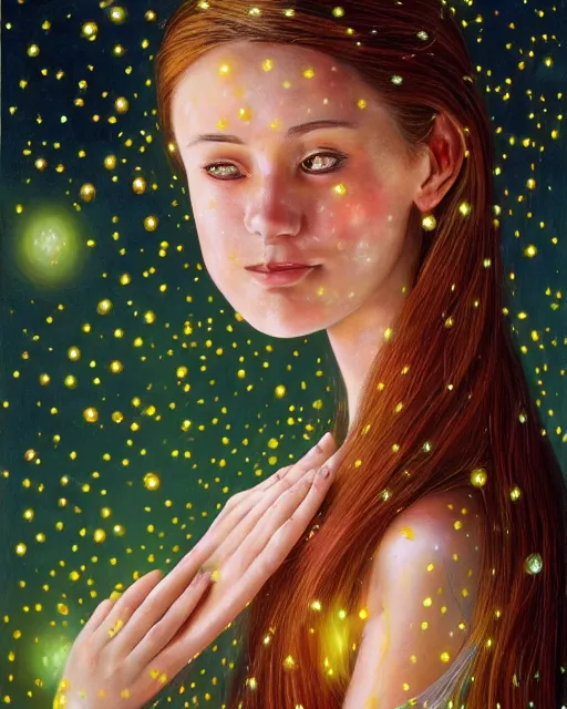 Prompt: a young woman, admiring the lights of golden fireflies, sitting in the midst of nature fully covered with a wonderful dress, long loose red hair, intricate details, green eyes, small nose with freckles, oval shape face, soft happy smile, realistic, expressive emotions, hyper realistic highly detailed art by april gornik and artgerm